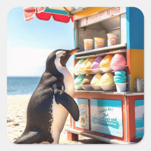 Zomerse pinguïn bij Ice Cream Stand Vierkante Sticker