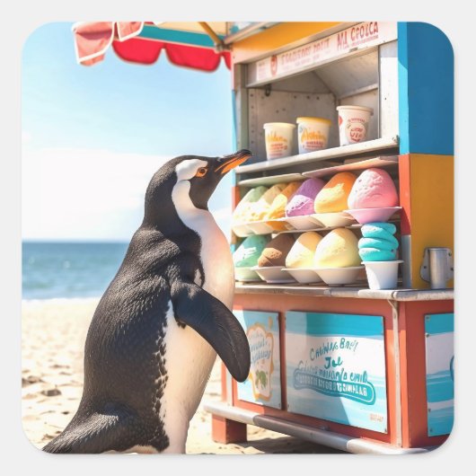 Zomerse pinguïn bij Ice Cream Stand Vierkante Sticker (Voorkant)