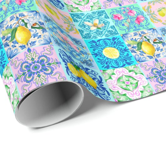 Zomerse Siciliaanse turquoise kleurrijke azulejo A Cadeaupapier (Rol Hoek)