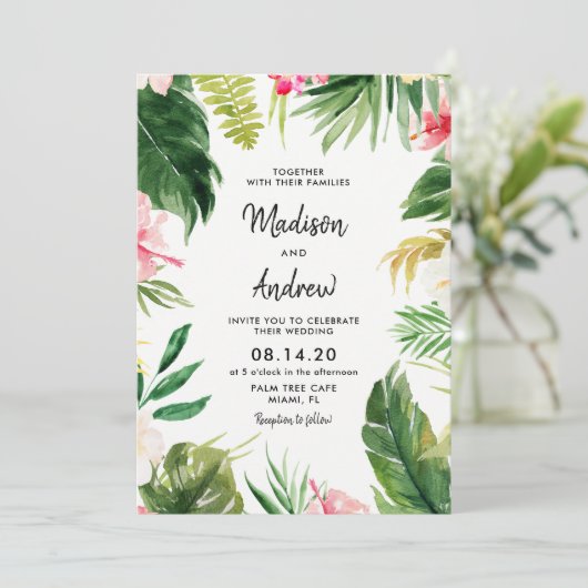 Zomerse Tropische Bladeren Huwelijksuitnodiging Ka Kaart (Staand voorkant)