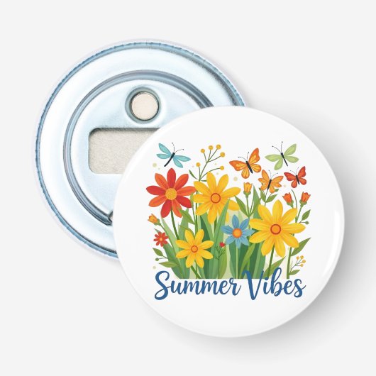 Zomerstemming bloemschikking met vlinders button flesopener (Voorkant)