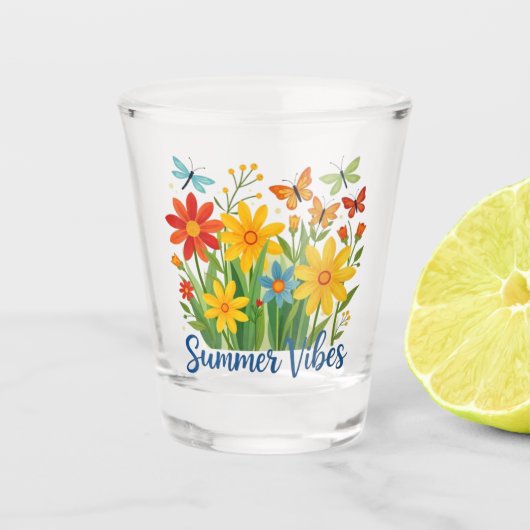 Zomerstemming bloemschikking met vlinders shot glas (Voorkant)