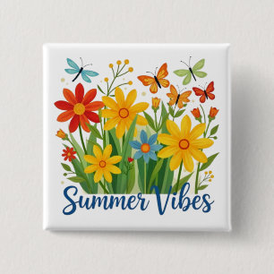Zomerstemming bloemschikking met vlinders vierkante button 5,1 cm