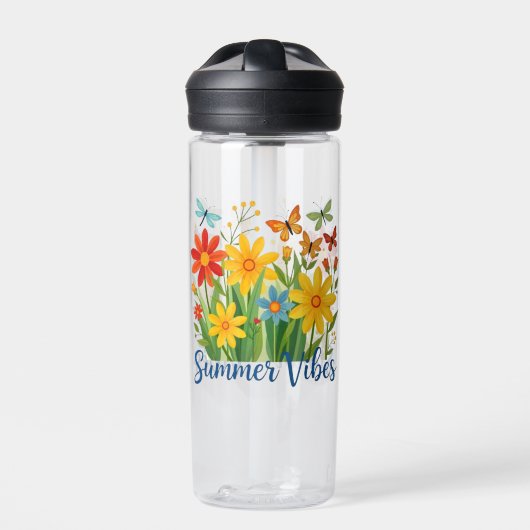 Zomerstemming bloemschikking met vlinders waterfles (Voorkant)