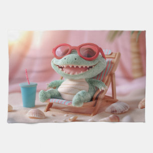 Zomerstemming: Chille Pluche Krokodil op Vakantie Theedoek