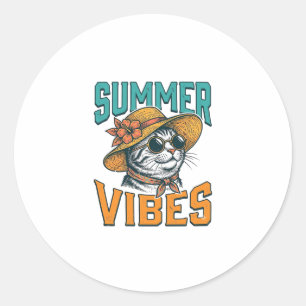 Zomerstemming Kat Vintage Gravure Ontwerp_1 Ronde Sticker