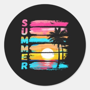 Zomerstemming Retro Strand Zonsondergang Palmboom Ronde Sticker