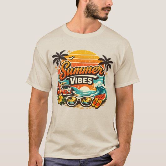 Zomerstemming Retro Strand Zonsondergang T-shirt (Voorkant)