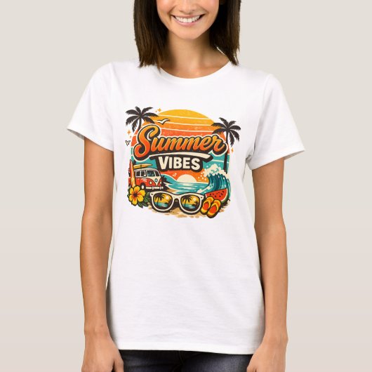 Zomerstemming Retro Strand Zonsondergang T-shirt (Voorkant)