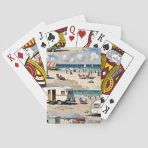 Zomerstemming, vintage caravan op het strand pokerkaarten