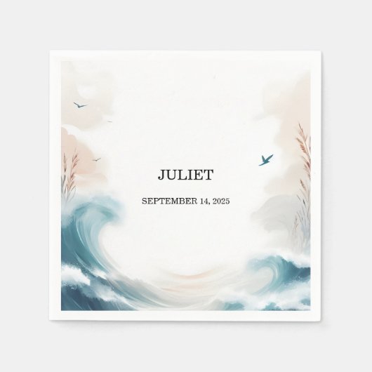 Zomerstrand bruiloft in de blauwe zee bruidsboeket servet (Voorkant)