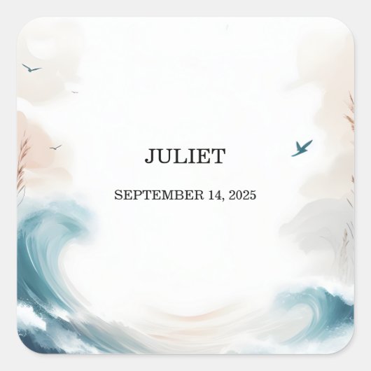 Zomerstrand bruiloft in de blauwe zee bruidsboeket vierkante sticker (Voorkant)