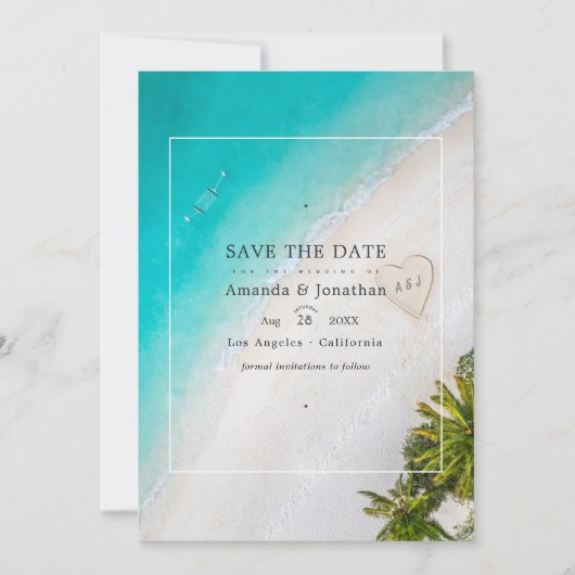 Zomerstrand bruiloft monogram foto save the date (Voorkant)