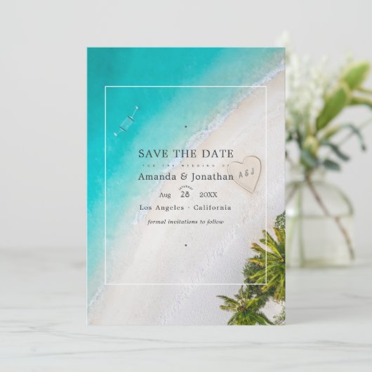 Zomerstrand bruiloft monogram foto save the date (Staand voorkant)