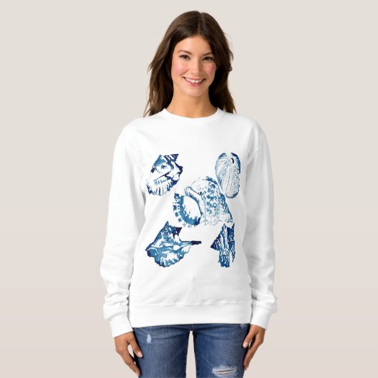 zomerstrand chic indigo blauwe waterverf seashell trui (Voorkant volledig)