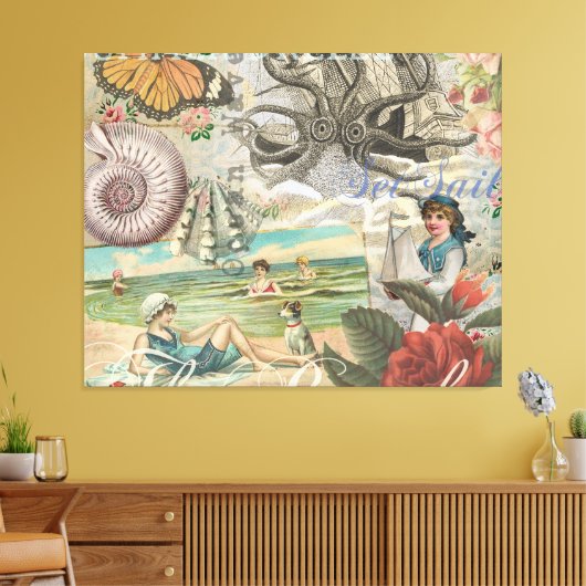 Zomerstrand  octopus antiek zeilen canvas afdruk (Insitu (Woonkamer))