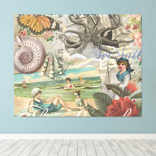 Zomerstrand octopus antiek zeilen canvas afdruk (Insitu (Houten vloer))