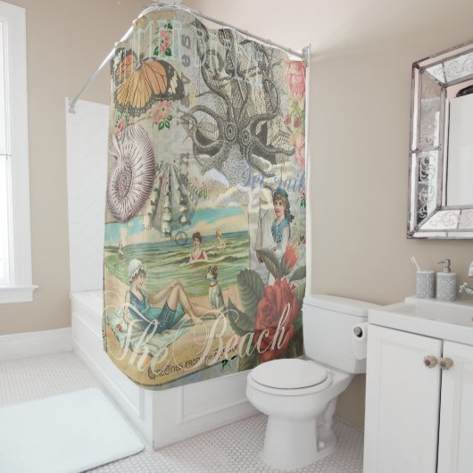 Zomerstrand  octopus antiek zeilen douchegordijn (In situ)