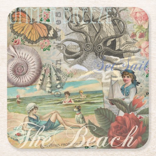Zomerstrand octopus antiek zeilen kartonnen onderzetters (Voorkant)