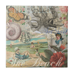 Zomerstrand  octopus antiek zeilen tegeltje