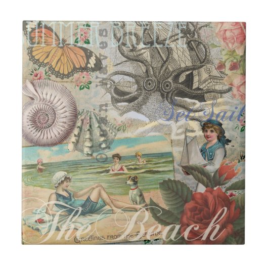 Zomerstrand  octopus antiek zeilen tegeltje (Voorkant)