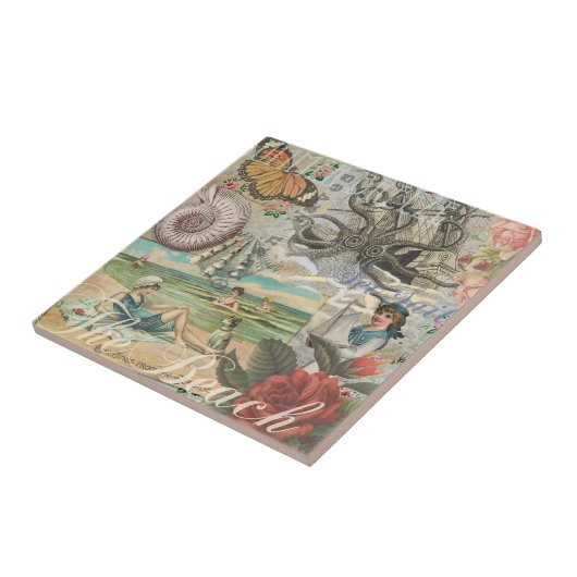 Zomerstrand  octopus antiek zeilen tegeltje (Zijkant)