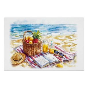 Zomerstrand Picnic Waterverf Illustratie – Vibr Perfect Poster