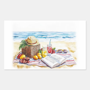 Zomerstrand Picnic Waterverf Illustratie – Vibr Rechthoekige Sticker