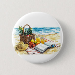 Zomerstrand Picnic Waterverf Illustratie – Vibr Ronde Button 5,7 Cm