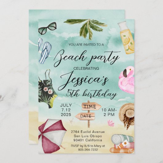 Zomerstrand Verjaardagsfeestje Kaart (Voorkant / Achterkant)
