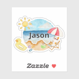 Zomerstrandkat met naamstickers sticker