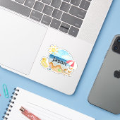 Zomerstrandkat met naamstickers sticker (Laptop met iPhone)