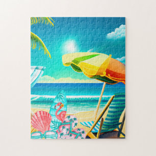 Zomerstrandparasols, surfplank en boom legpuzzel