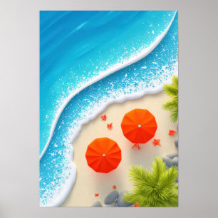 zomerstrandtafereel met oranje parasols en oceaan poster