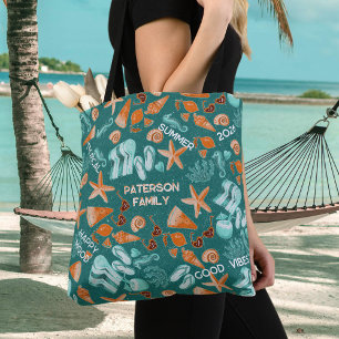 Zomerstrandvibes Gezinstrip Retro Teal Aangepast Tote Bag