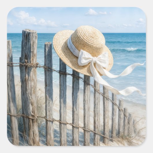 Zomerstrohoed in zeebries vierkante sticker (Voorkant)