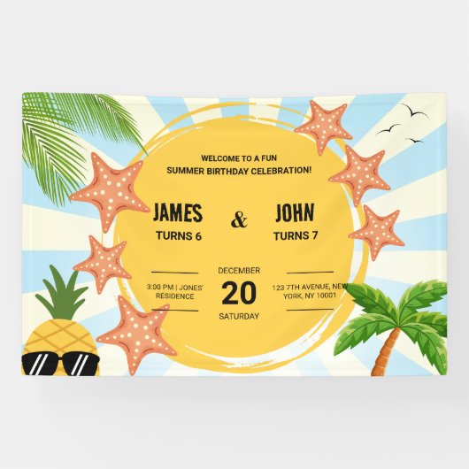 Zomerthema Kinder dubbele verjaardagsviering Spandoek (Horizontaal)