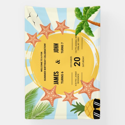 Zomerthema Kinder dubbele verjaardagsviering Spandoek (Verticaal)