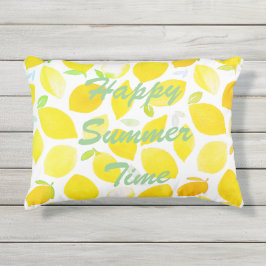 Zomertijd citruspatroon geel wit en tekst buitenkussen