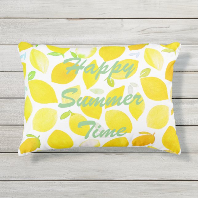 Zomertijd citruspatroon geel wit en tekst buitenkussen (Voorkant)