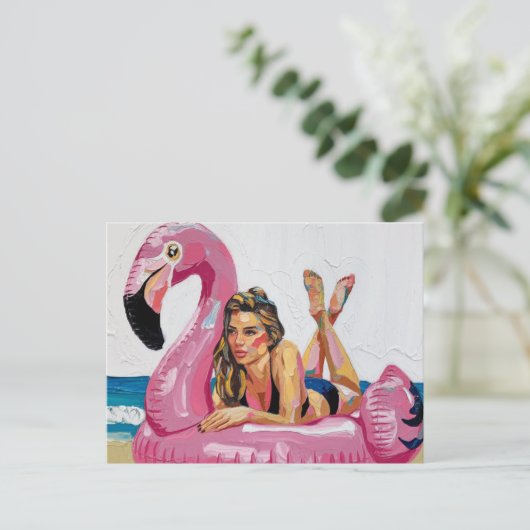 Zomertijd Vrouw op een Flamingo Float op het stran Briefkaart (Staand voorkant)