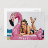 Zomertijd Vrouw op een Flamingo Float op het stran Briefkaart (Voorkant / Achterkant)