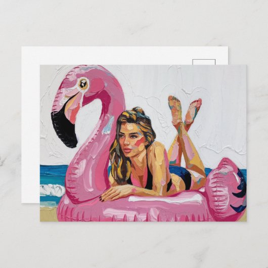 Zomertijd Vrouw op een Flamingo Float op het stran Briefkaart (Voorkant / Achterkant)