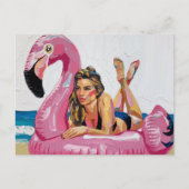 Zomertijd Vrouw op een Flamingo Float op het stran Briefkaart (Voorkant)