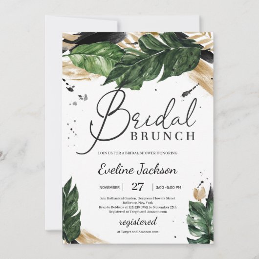 Zomertropische bladeren goudboho bridal brunch kaart (Voorkant)