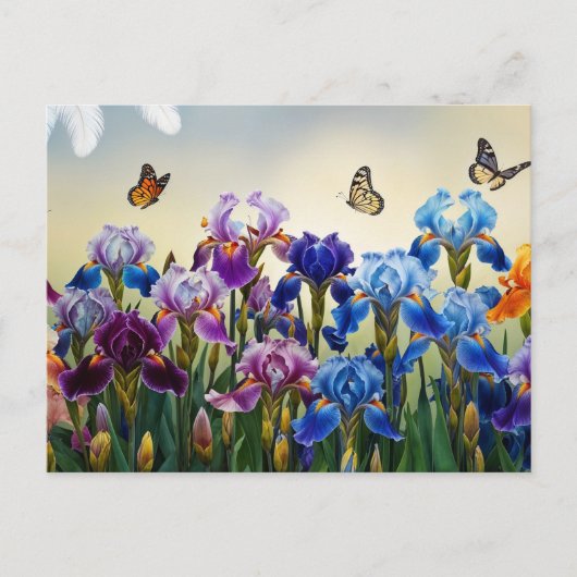 Zomertuin met Iris bloemen en vlinders Briefkaart (Voorkant)