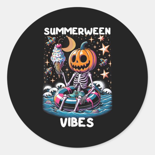 ZomerTussen Zomer Halloween Funny Skeleton Ice Cre Ronde Sticker (Voorkant)
