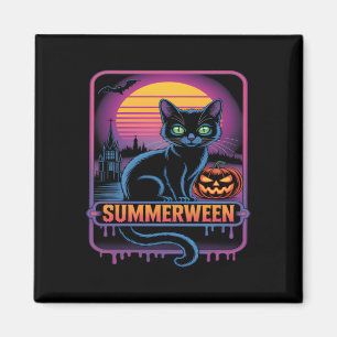 ZomerTussen Zwarte Kat Pompoen Retro Halloween Art Magneet