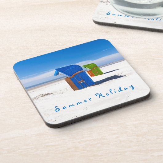 Zomervakantieblauwe foto van elke stoel met tekst bier onderzetter (Linkerzijde)