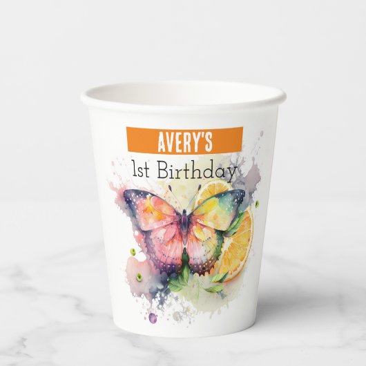 Zomervibes Butterfly - 1e verjaardag - Papieren Bekers (Achterkant)